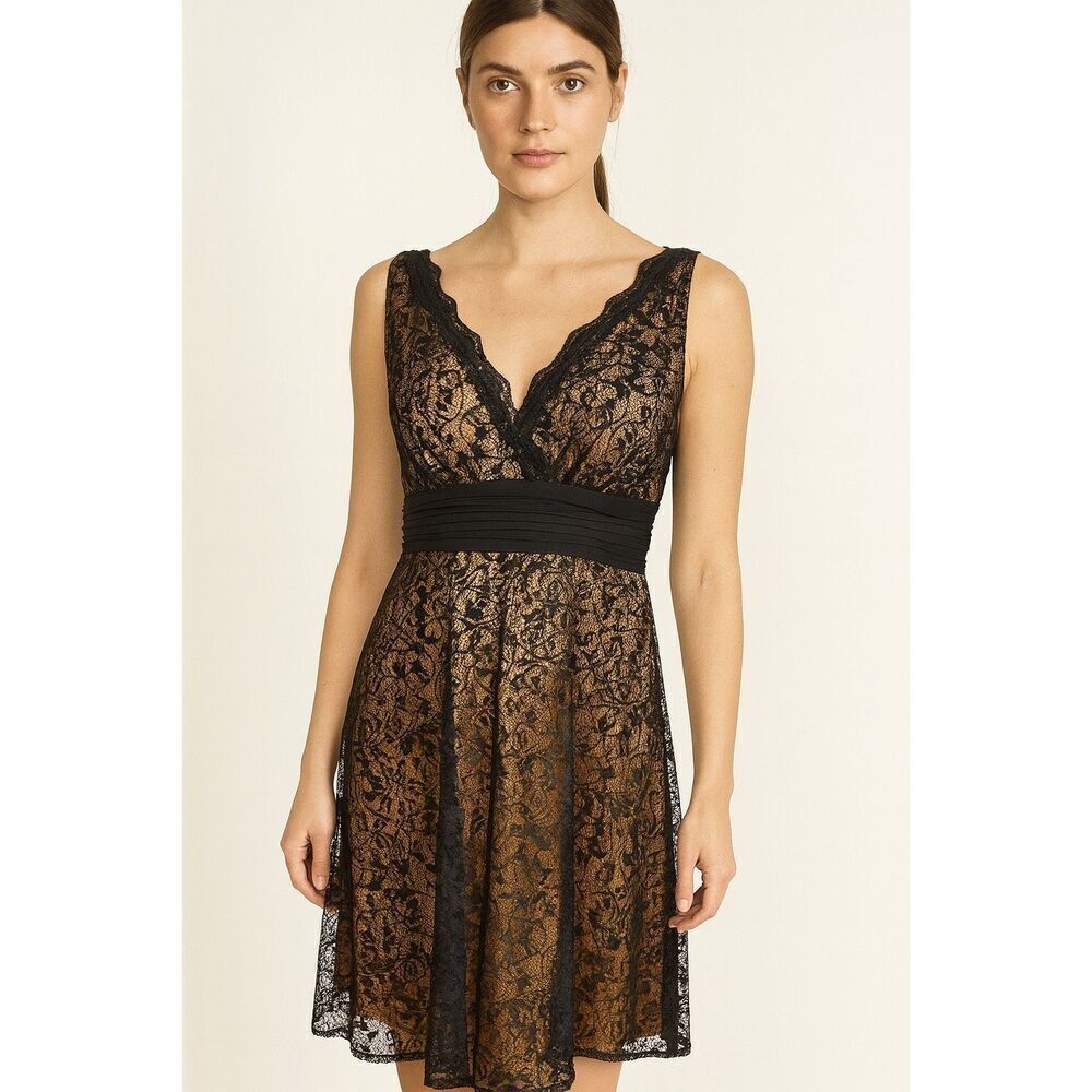 SL fashions Brown & Black Lace V Neck Party Dress Knew Length Sleeveless size 14